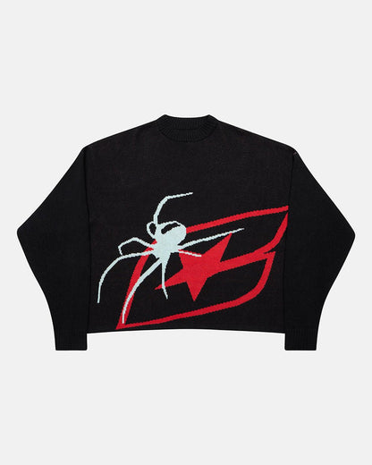 SPIDER KNIT BLACK - black spider print knit sweater, front view - Cold Culture