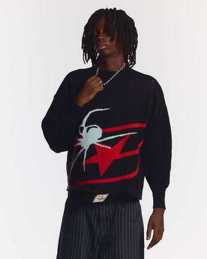 SPIDER KNIT BLACK - black spider print knit sweater, front view on male model - Cold Culture #man