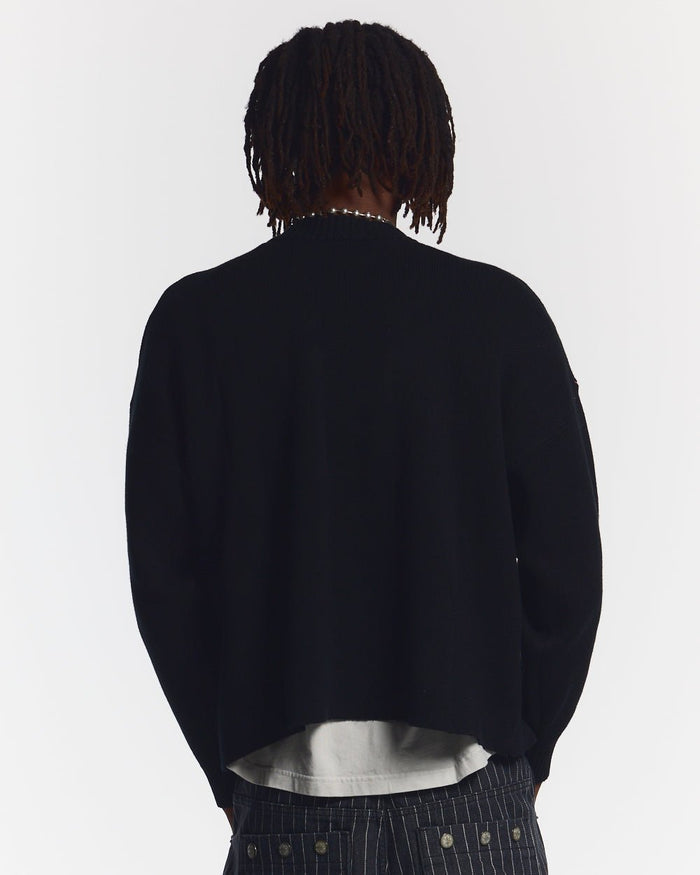 SPIDER KNIT BLACK - black spider print knit sweater, back view on male model - Cold Culture #man