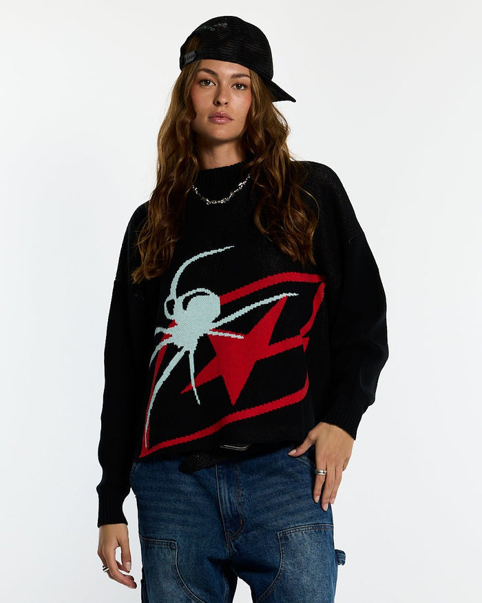 SPIDER KNIT BLACK - black spider print knit sweater, front view on female model - Cold Culture #woman