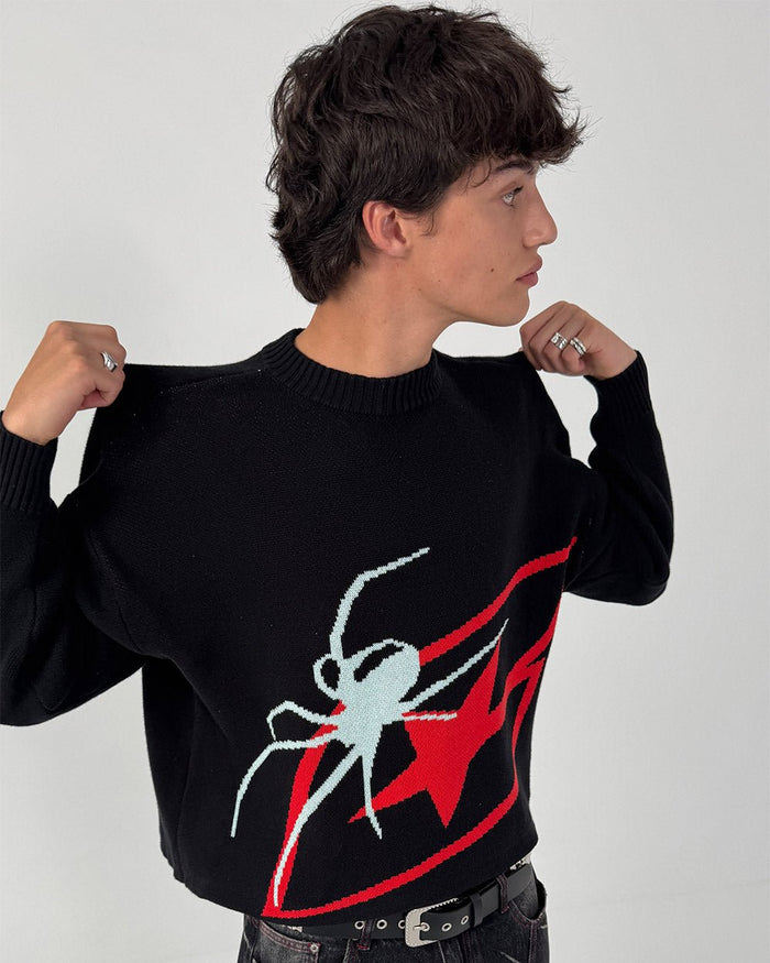 SPIDER KNIT BLACK - black spider print knit sweater, on model close-up - Cold Culture
