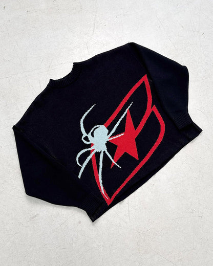 SPIDER KNIT BLACK - black spider print knit sweater, flat lay - Cold Culture