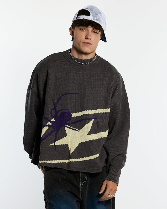 SPIDER KNIT GREY - grey spider print knit sweater, front view on male model - Cold Culture #man