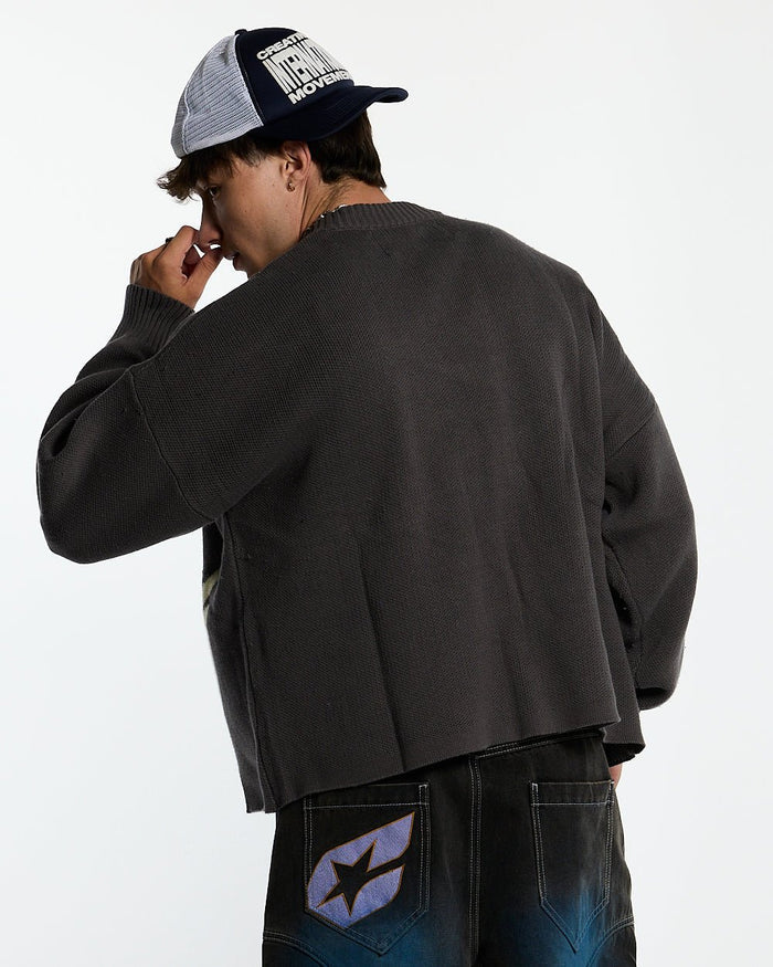 SPIDER KNIT GREY - grey spider print knit sweater, back view on male model - Cold Culture #man