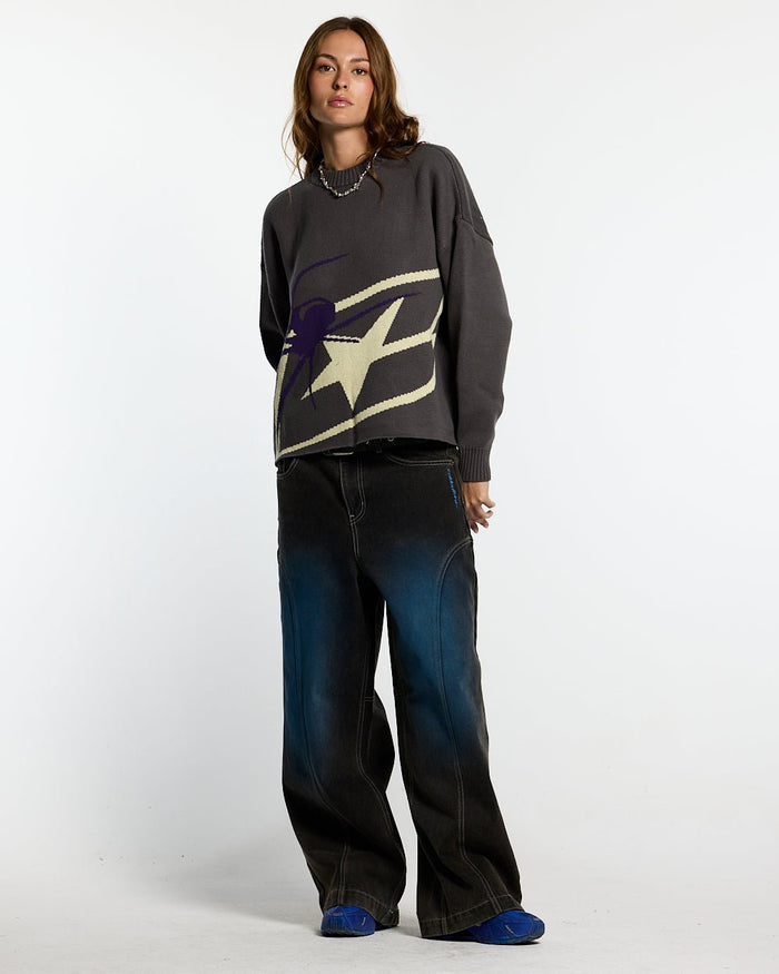 SPIDER KNIT GREY - grey spider print knit sweater, front view on female model - Cold Culture #woman