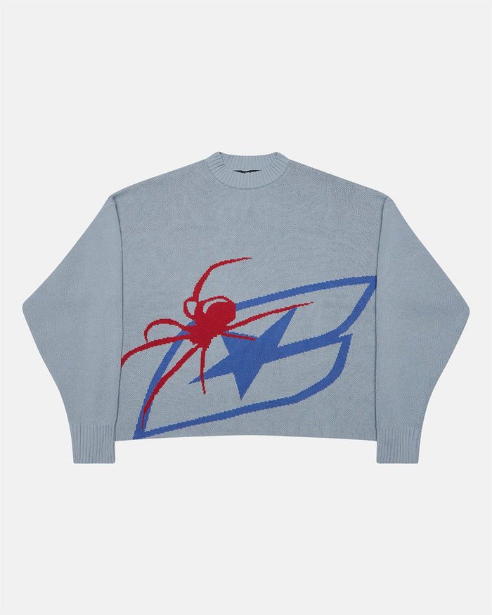 SPIDER KNIT LIGHT BLUE - light blue spider print knit sweater, front view - Cold Culture