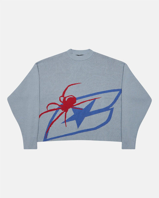 SPIDER KNIT LIGHT BLUE - light blue spider print knit sweater, front view - Cold Culture