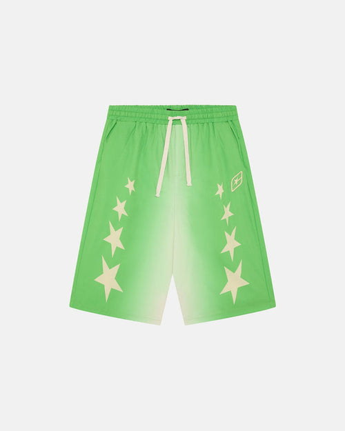 STARS WIDE SWIM SHORTS GREEN - green star print swim shorts, front view - Cold Culture