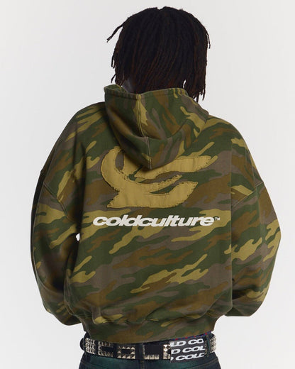 STRASS CAMO HOODIE - green camo hoodie, back view on male model - Cold Culture #man