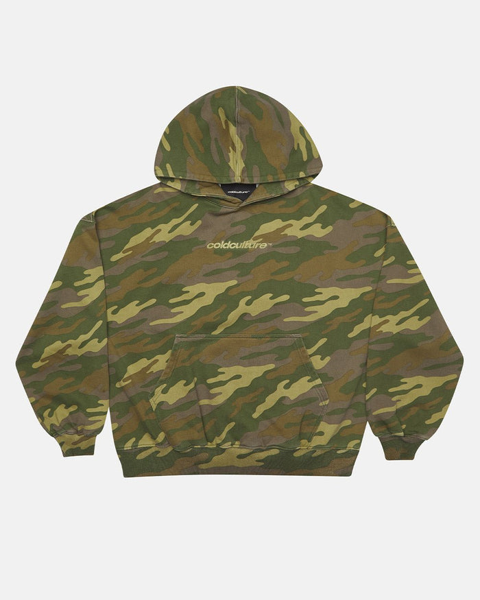 STRASS CAMO HOODIE - green camo hoodie, front view - Cold Culture