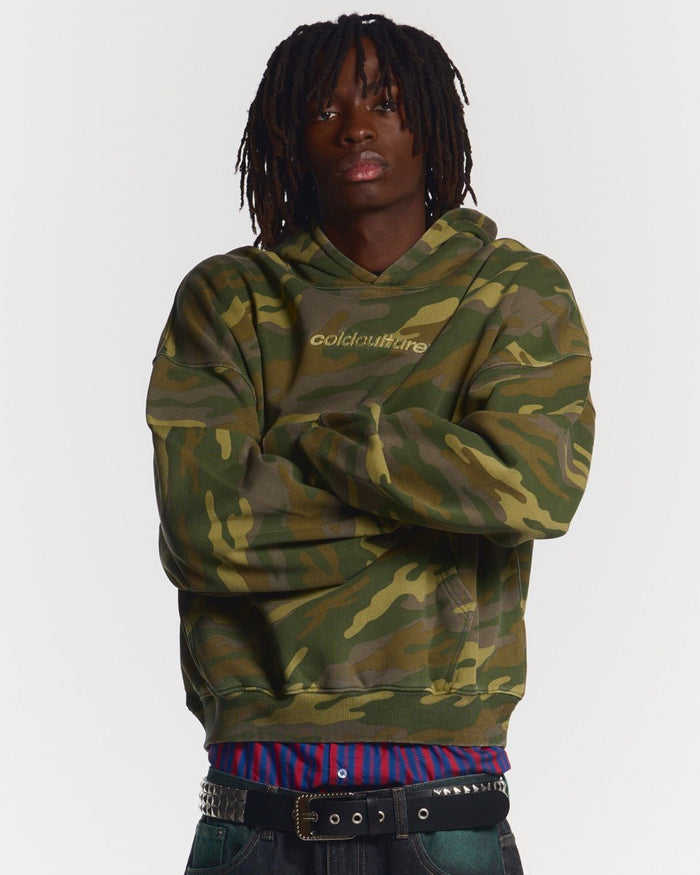 STRASS CAMO HOODIE - green camo hoodie, front view on male model - Cold Culture #man