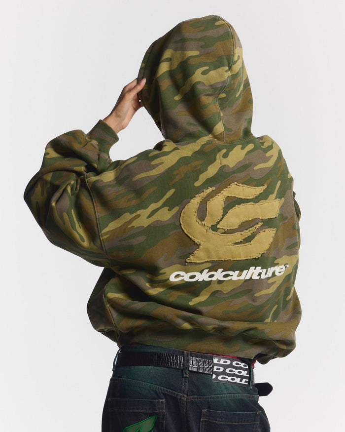 STRASS CAMO HOODIE - green camo hoodie, back view on female model - Cold Culture #woman