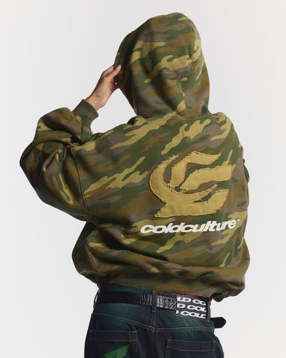 STRASS CAMO HOODIE - green camo hoodie, back view on female model - Cold Culture #woman