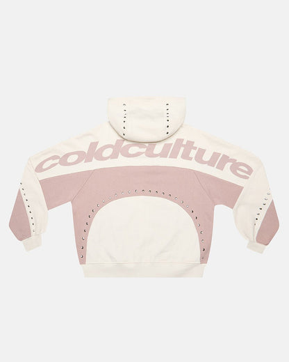 STUD ZIP HOODIE LIGHT GREY - cream and pink studded zip-up hoodie, back view - Cold Culture