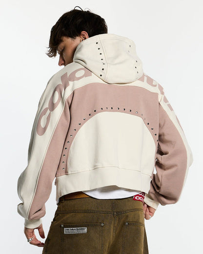 STUD ZIP HOODIE LIGHT GREY - cream and pink studded zip-up hoodie, back view on male model - Cold Culture #man