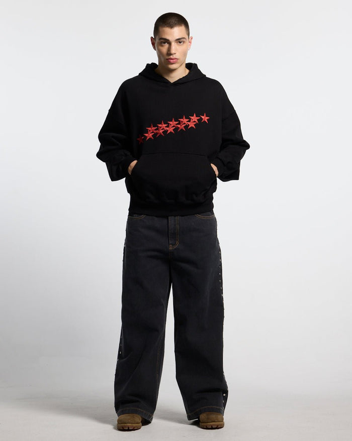 STUDS PANTS BLACK DENIM - black studded denim pants, front view on male model - Cold Culture #man