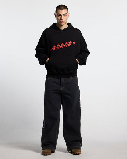 STUDS PANTS BLACK DENIM - black studded denim pants, front view on male model - Cold Culture #man