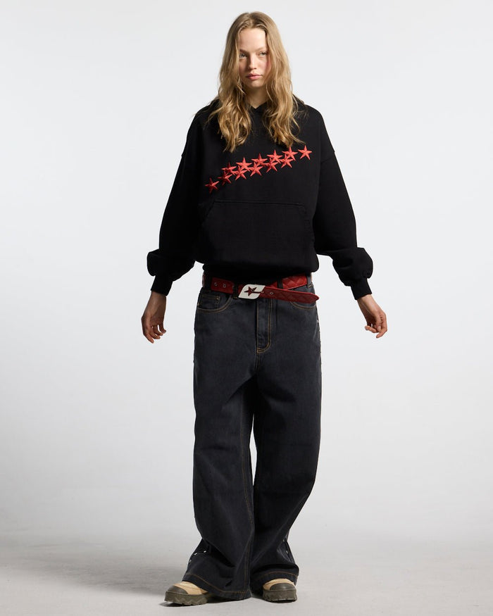 STUDS PANTS BLACK DENIM - black studded denim pants, front view on female model - Cold Culture #woman