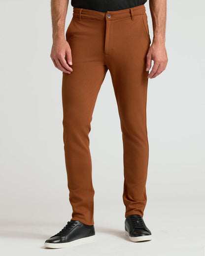 Suede Brown Slim Comfort Knit Chino Pant with black sneakers.