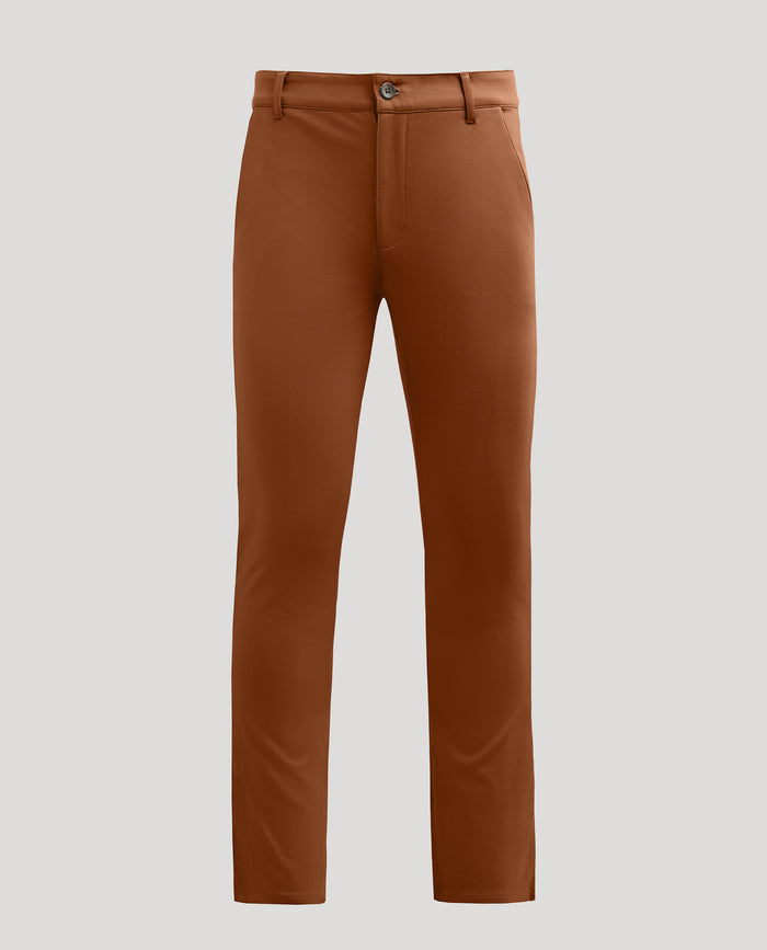 Suede Brown Slim Comfort Knit Chino Pant, laid flat with pockets visible.
