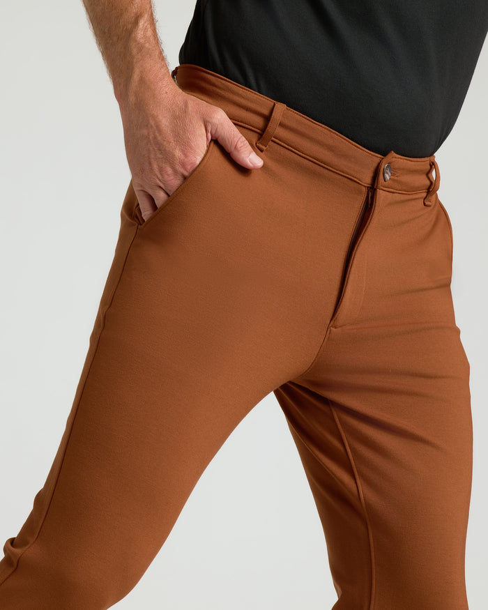 Suede Brown Slim Comfort Knit Chino Pant with pocket detail.