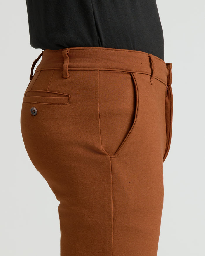 Suede Brown Slim Comfort Knit Chino Pant, side-view with belt loops.