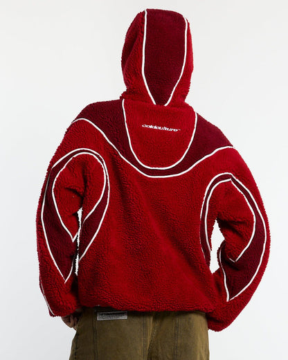 TAKE OFF FLEECE RED - red sherpa fleece hooded jacket, back view on female model - Cold Culture #woman