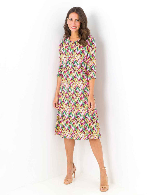 Tatiana Patterned Viscose Pull On 3/4 Sleeved Dress - The Classic Boutique
