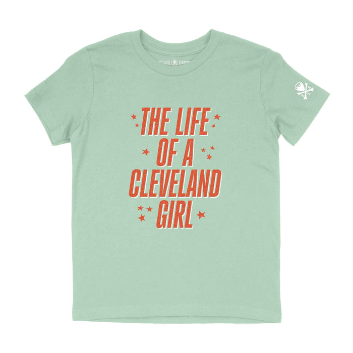 Light green t-shirt with red text 'The Life of a Cleveland Girl' on a white background