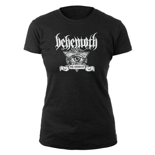 Behemoth womens black T-shirt with the bands white logo above an eye in a triangle and The Satanist on a scroll below the graphic.