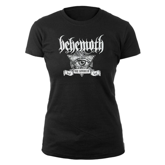 Behemoth womens black T-shirt with the bands white logo above an eye in a triangle and The Satanist on a scroll below the graphic.