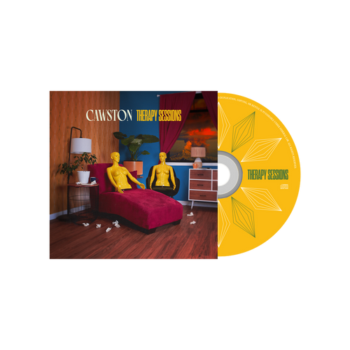 Therapy Sessions album cover by Cawston features two yellow mannequins on red furniture in a retro room with tissues on the floor. A yellow CD with a flower design is visible. Also available as a Full Album Digital Download. Brand: Cawston.