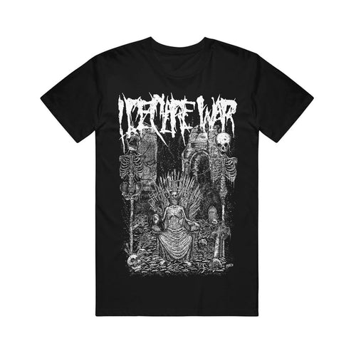 Black T-shirt in classic fit, made from 100% cotton, features a bold white graphic of a crowned skeleton on a throne surrounded by skulls. The band name I Declare War appears in a distressed, bold font.
