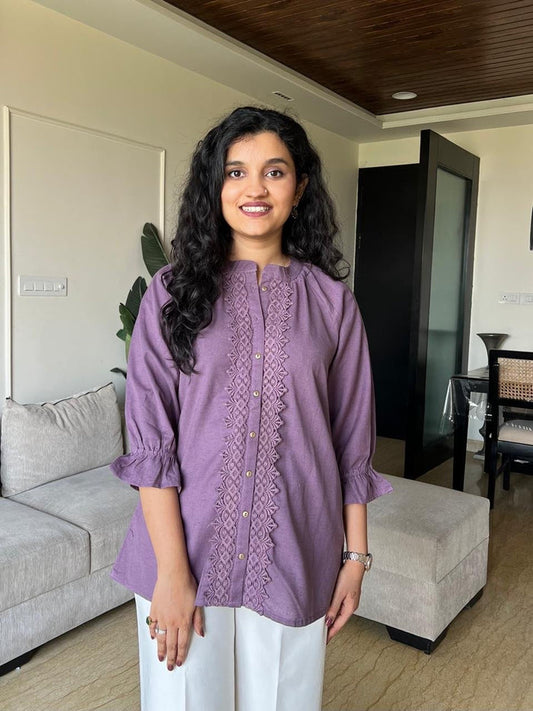 Tisha Cotton Embroidered Top- Purple