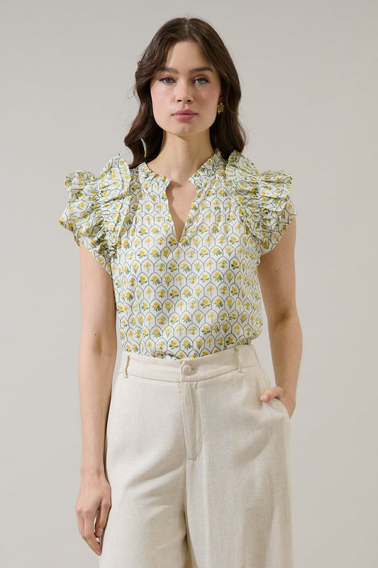 Trinny Floral Ramona Ruffle Split Neck Top