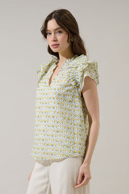 Trinny Floral Ramona Ruffle Split Neck Top