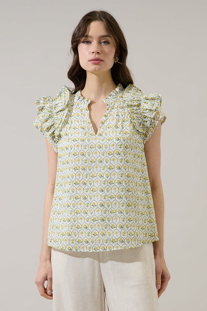 Trinny Floral Ramona Ruffle Split Neck Top