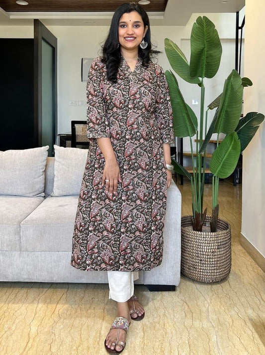 V Neck Cotton Kurta- Olive Green Florals