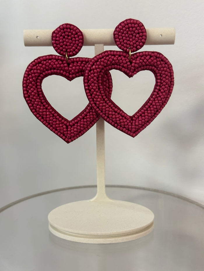 Valentines Earrings Beaded Open Heart 3001 - Pink