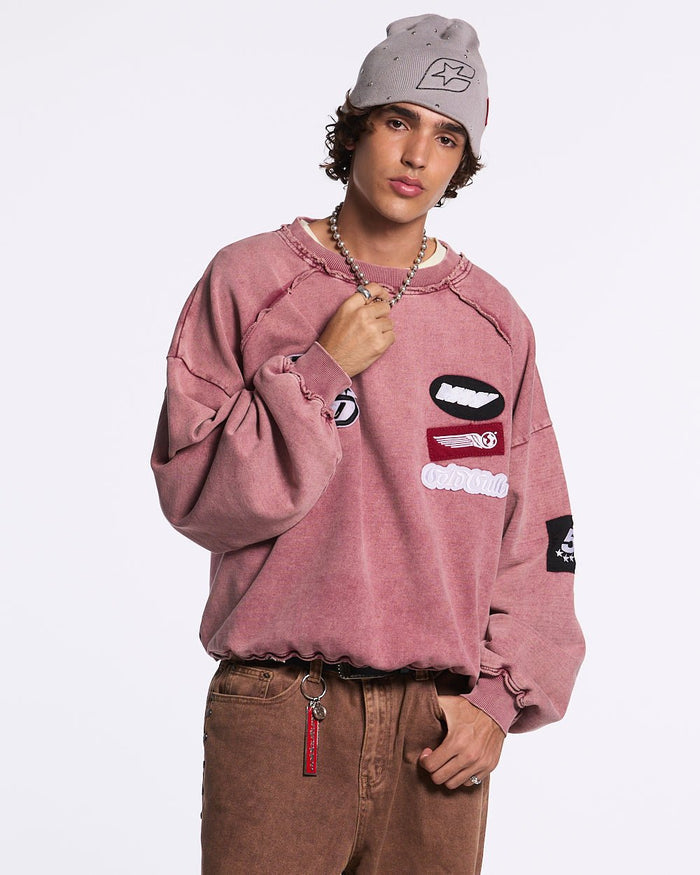 WALKER CREWNECK BURGUNDY - washed burgundy crewneck sweatshirt, front view on male model - Cold Culture #man