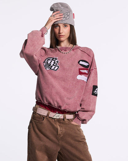 WALKER CREWNECK BURGUNDY - washed burgundy crewneck sweatshirt, front view on female model - Cold Culture #woman