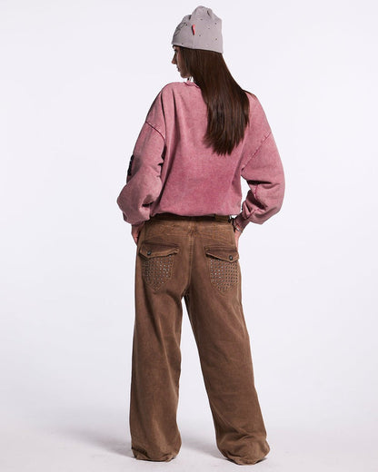WALKER CREWNECK BURGUNDY - washed burgundy crewneck sweatshirt, back view on female model - Cold Culture #woman