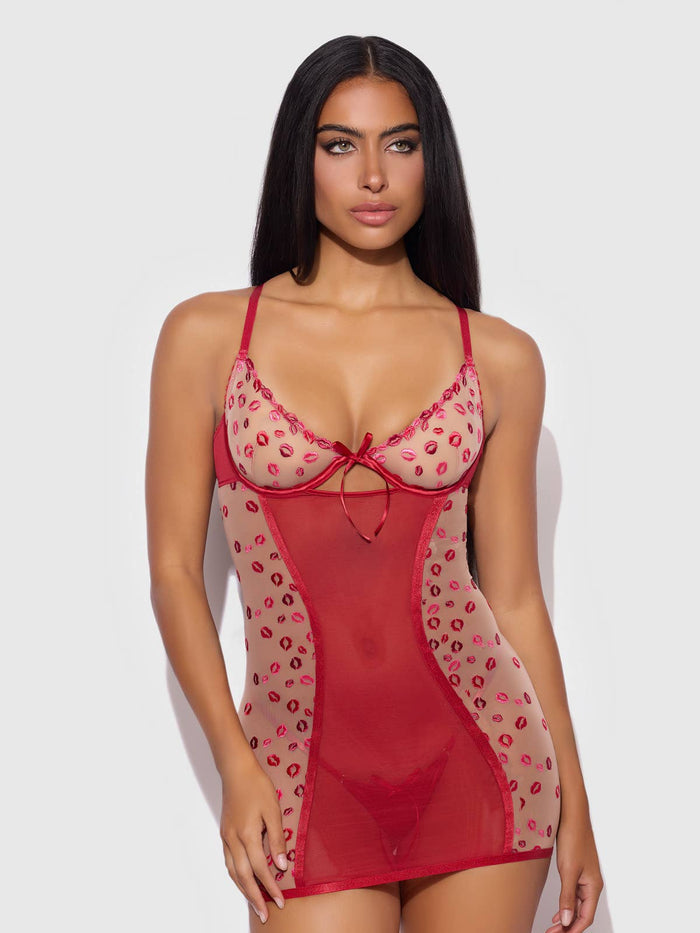 Women's Angelina Lips Embroidery Bow Chemise Set -Red - Intimate Whispers