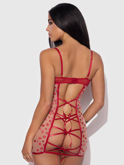 Women's Angelina Lips Embroidery Bow Chemise Set -Red - Intimate Whispers