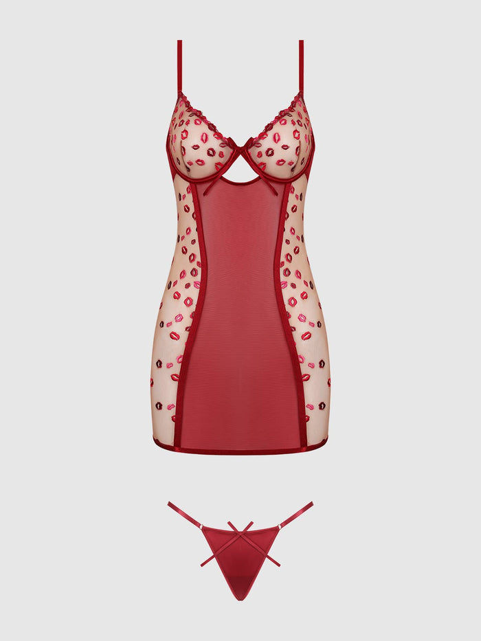 Women's Angelina Lips Embroidery Bow Chemise Set -Red - Intimate Whispers