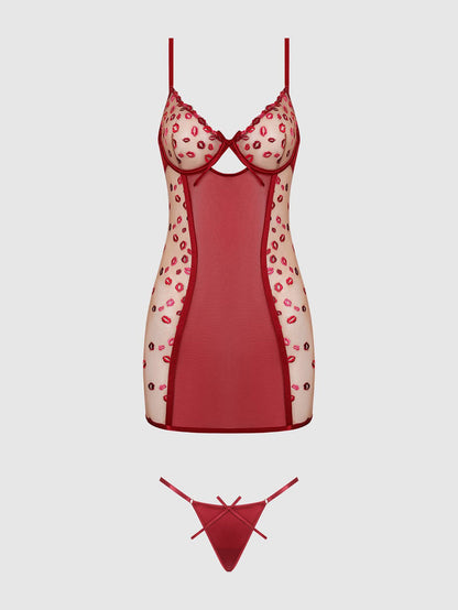 Women's Angelina Lips Embroidery Bow Chemise Set -Red - Intimate Whispers