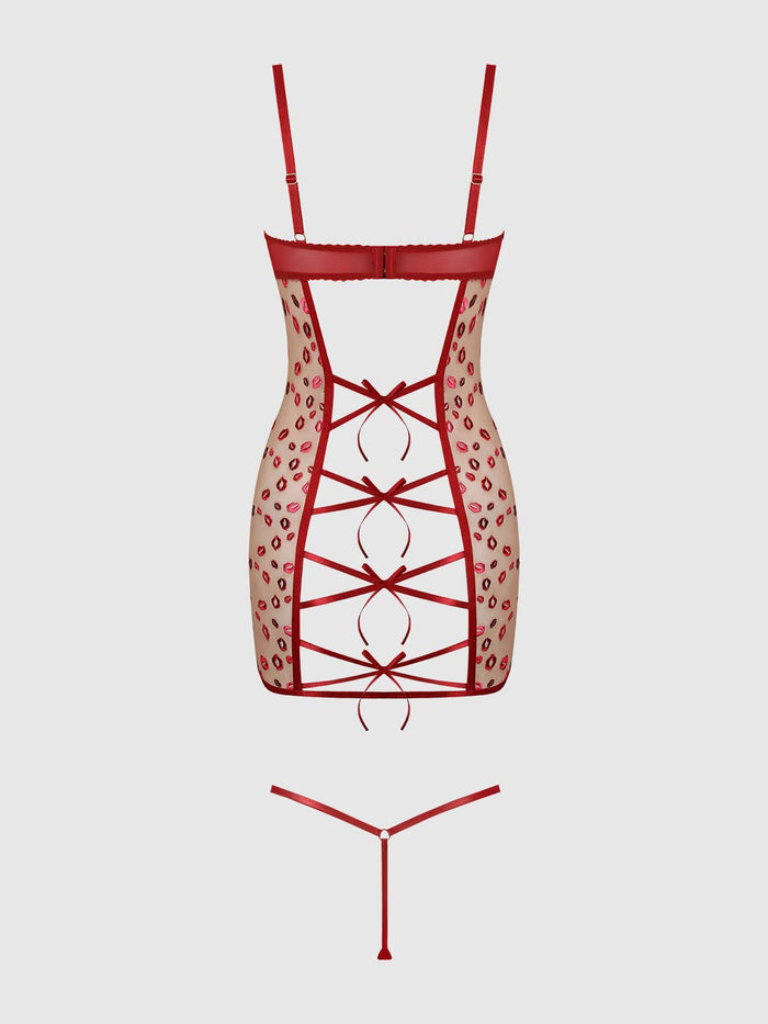 Women's Angelina Lips Embroidery Bow Chemise Set -Red - Intimate Whispers