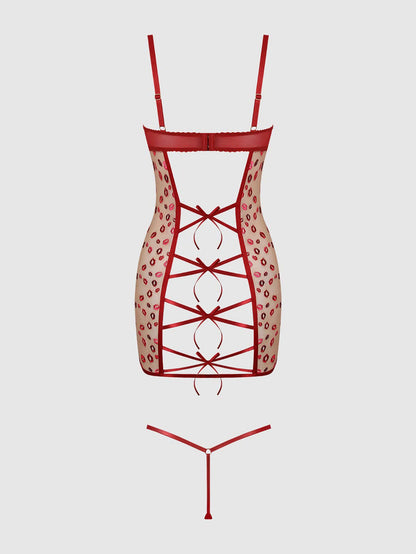 Women's Angelina Lips Embroidery Bow Chemise Set -Red - Intimate Whispers