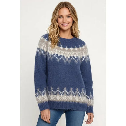 Women's Jacquard Sweater - Round Neck Knit Pullover Top