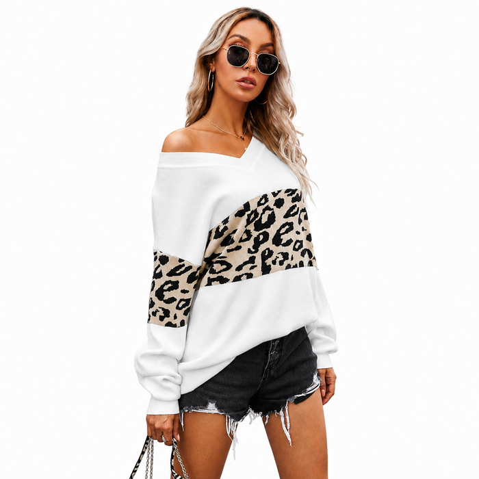 Women's leopard print V neck sweatshirt side view with off shoulder neckline